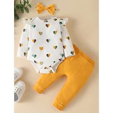 Fullfamous Baby Girl Clothes Gifts Outfits,Fall Winter Long Sleeve Romper and Pant Set Yellow Heart 6-12 months