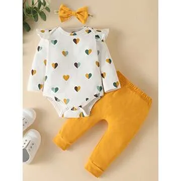Fullfamous Baby Girl Clothes Gifts Outfits,Fall Winter Long Sleeve Romper and Pant Set Yellow Heart 6-12 months
