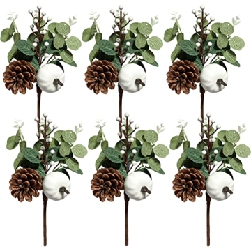 Adurself 6PCS Greenery Stems Artificial Eucalyptus Leaves Fall Picks with White Pumpkin Pinecones fo...