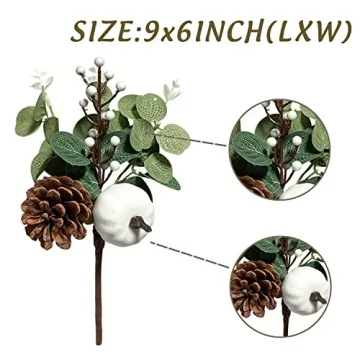 Adurself 6PCS Greenery Stems Artificial Eucalyptus Leaves Fall Picks with White Pumpkin Pinecones for Wedding Table Decor Autumn Thanksgiving Day Flower Arrangements Wreaths Indoor Outdoor Home Decor
