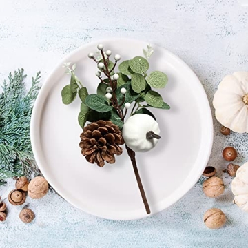 Adurself 6PCS Greenery Stems Artificial Eucalyptus Leaves Fall Picks with White Pumpkin Pinecones for Wedding Table Decor Autumn Thanksgiving Day Flower Arrangements Wreaths Indoor Outdoor Home Decor