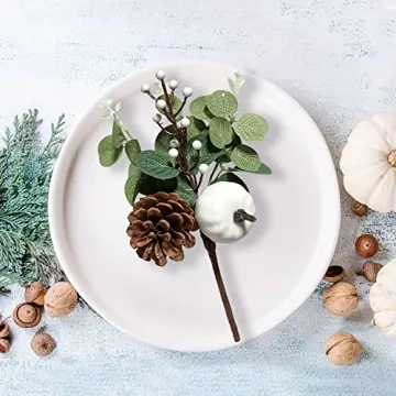 Adurself 6PCS Greenery Stems Artificial Eucalyptus Leaves Fall Picks with White Pumpkin Pinecones for Wedding Table Decor Autumn Thanksgiving Day Flower Arrangements Wreaths Indoor Outdoor Home Decor