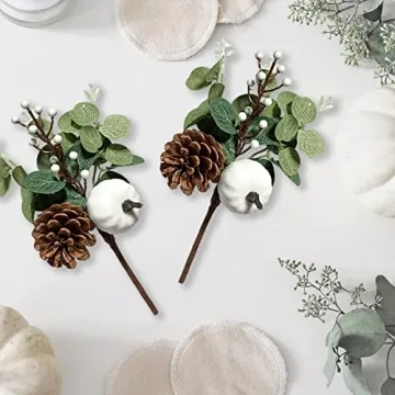 Adurself 6PCS Greenery Stems Artificial Eucalyptus Leaves Fall Picks with White Pumpkin Pinecones for Wedding Table Decor Autumn Thanksgiving Day Flower Arrangements Wreaths Indoor Outdoor Home Decor
