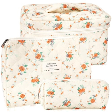 URSKYTOUS 3Pcs Cotton Quilted Makeup Bag Set – Stylish & Functional for Travel, Toiletries & More!