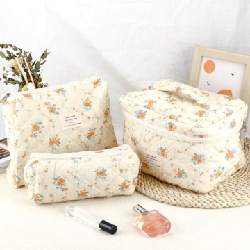 URSKYTOUS 3Pcs Cotton Quilted Makeup Bags for Women and Girls