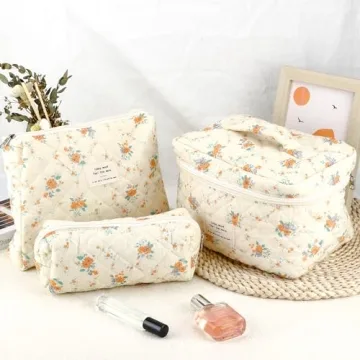 URSKYTOUS 3Pcs Cotton Quilted Makeup Bags for Women and Girls