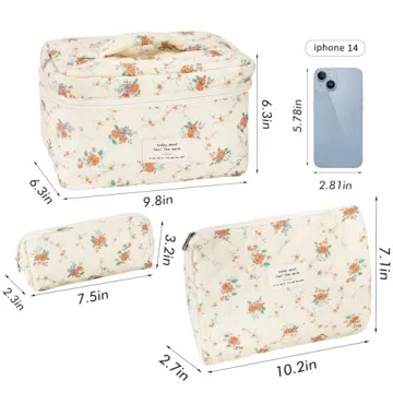 URSKYTOUS 3Pcs Cotton Quilted Makeup Bags for Women and Girls