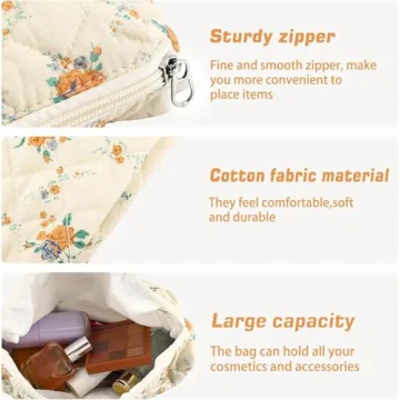 URSKYTOUS 3Pcs Cotton Quilted Makeup Bags for Women and Girls