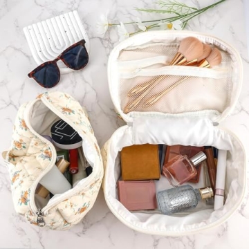 URSKYTOUS 3Pcs Cotton Quilted Makeup Bags for Women and Girls