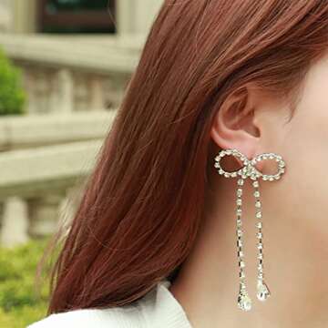 Xioose Rhinestones Earrings for Women silver rhinestone earrings Sparkly Long Linear Dangle Earrings Dangle Tassels Statement Earrings Bridal Wedding (Bow Earrings)