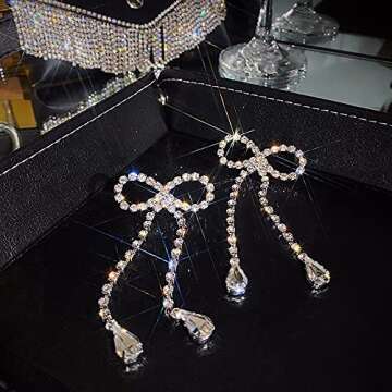 Xioose Rhinestones Earrings for Women silver rhinestone earrings Sparkly Long Linear Dangle Earrings Dangle Tassels Statement Earrings Bridal Wedding (Bow Earrings)