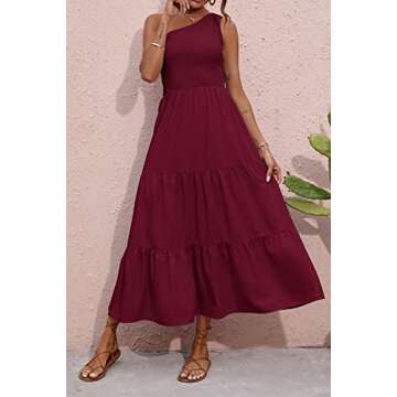BTFBM 2025 Summer One Shoulder Dresses for Women Casual Sleeveless High Waist Floral Flowy Smocked Boho Beach Maxi Dress(Solid Wine Red, Small)