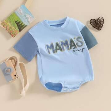 FIOMVA Baby Boy Summer Clothes Newborn Bubble Romper Spring Toddler Mama's Boy Letter Bodysuit Cute Infant Outfit (A Mamas Boy Blue, 0-3 Months)