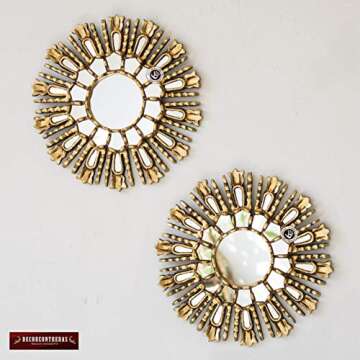 Small Round Sunburst Mirror 11.8", Hand carved Wood Sunburst mirror wall, Peruvian Decorative Mirror with gold leaf wood framed, Wall Accent Mirror for home