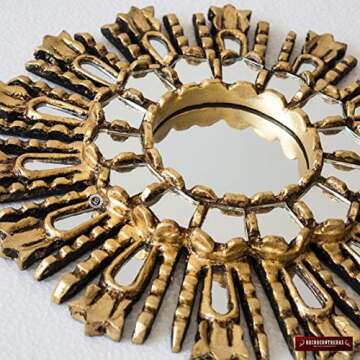 Small Round Sunburst Mirror 11.8", Hand carved Wood Sunburst mirror wall, Peruvian Decorative Mirror with gold leaf wood framed, Wall Accent Mirror for home