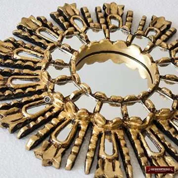 Small Round Sunburst Mirror 11.8", Hand carved Wood Sunburst mirror wall, Peruvian Decorative Mirror with gold leaf wood framed, Wall Accent Mirror for home