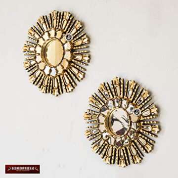 Small Round Sunburst Mirror 11.8", Hand carved Wood Sunburst mirror wall, Peruvian Decorative Mirror with gold leaf wood framed, Wall Accent Mirror for home