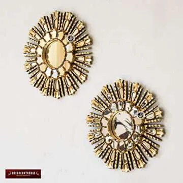 Small Round Sunburst Mirror 11.8", Hand carved Wood Sunburst mirror wall, Peruvian Decorative Mirror with gold leaf wood framed, Wall Accent Mirror for home