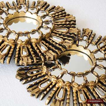 Small Round Sunburst Mirror 11.8", Hand carved Wood Sunburst mirror wall, Peruvian Decorative Mirror with gold leaf wood framed, Wall Accent Mirror for home