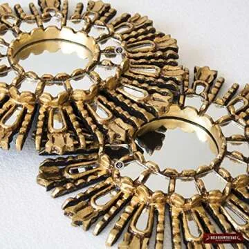 Small Round Sunburst Mirror 11.8", Hand carved Wood Sunburst mirror wall, Peruvian Decorative Mirror with gold leaf wood framed, Wall Accent Mirror for home