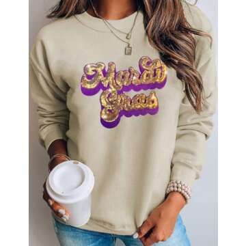 Ecosunny Women's Khaki Mardi Gras Sequin Embroidered Patch Sweatshirt Round Neck Long Sleeve Casual ...