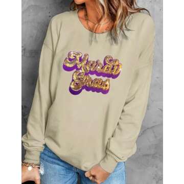 Ecosunny Women's Khaki Mardi Gras Sequin Embroidered Patch Sweatshirt Round Neck Long Sleeve Casual Print Holiday Tops