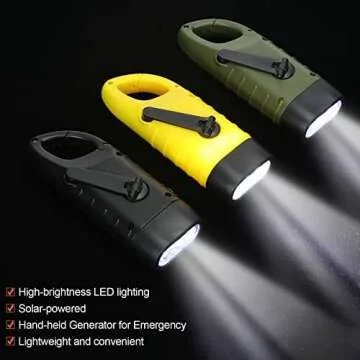 6 Pcs Hand Crank Solar Powered Flashlights Emergency Rechargeable LED Handheld Flashlights for Survival Gear Outdoor Sports Camping Hiking Backpack Safety, Green Yellow Black