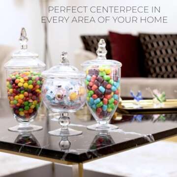 Mantello Candy Jar Apothecary Jars with Lids- for Candies Cookies Or Toiletries Size Assortment, 20 oz., 24 oz. and 28 oz.
