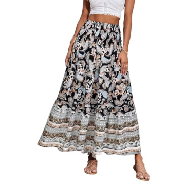 CFLONGE Women's 2024 Bohemian Long Skirts Flowy High Waist A Line Maxi Skirts for Women Summer(Black...