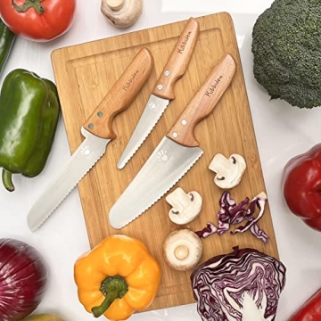 Kibbidea Kids Knife Set for Cutting, Baking 4pcs, Stainless Steel Knife Set- Children Friendly for Cutting Fruits Veggies Cake, Kids Kitchen Gifts