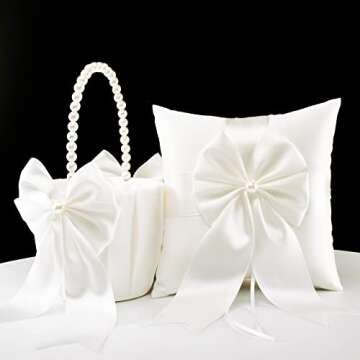 ATAILOVE 2 Flower Girl Baskets and Ring Bearer Pillow Set, Ivory Fairy Wedding Decor
