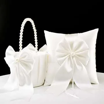 ATAILOVE 2 Flower Girl Baskets and Ring Bearer Pillow Set, Ivory Fairy Wedding Decor