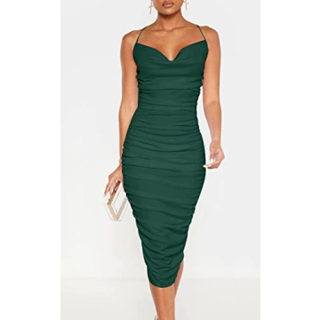 L'VOW Women's Bodycon Ruched Midi Dress for Parties
