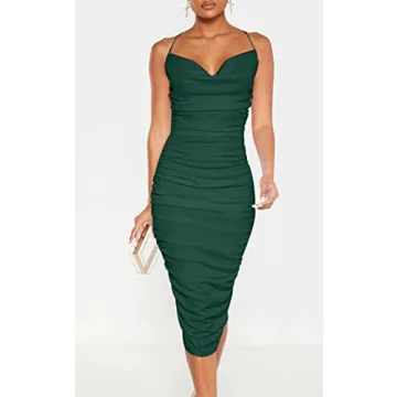 L'VOW Women's Bodycon Ruched Midi Dress for Parties