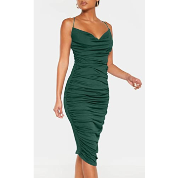 L'VOW Women's Bodycon Ruched Midi Dress for Parties