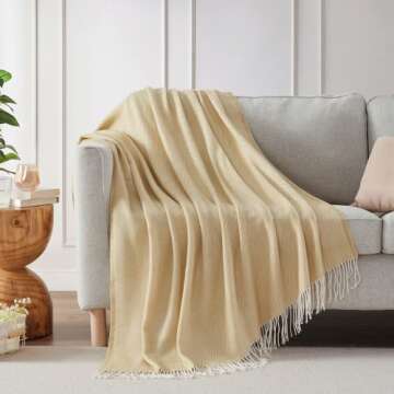 BOURINA Decorative Herringbone Faux Cashmere Fringe Throw Blanket Lightweight Soft Cozy for Bed or Sofa Farmhouse Outdoor Throw Blankets, 50" x 60", Yellow