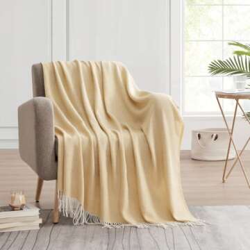 BOURINA Decorative Herringbone Faux Cashmere Fringe Throw Blanket Lightweight Soft Cozy for Bed or Sofa Farmhouse Outdoor Throw Blankets, 50" x 60", Yellow