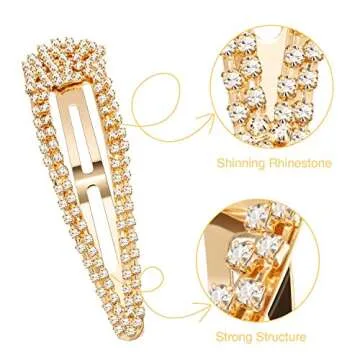Geyoga 6 Pieces Rhinestone Snap Hair Clips 4 Inch Metal Hair Barrettes Hairpins Crystal for Women Wedding Accessories(Gold)