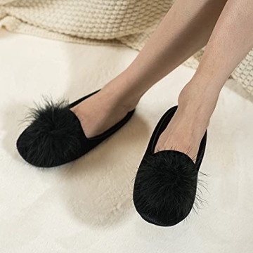 GRITHEIM Women's Fuzzy Pom Pom Feather Velvet House Slippers Sexy Cozy Bedroom Slippers for Ladies Non-slip Sole Indoor Outdoor Black 7-8
