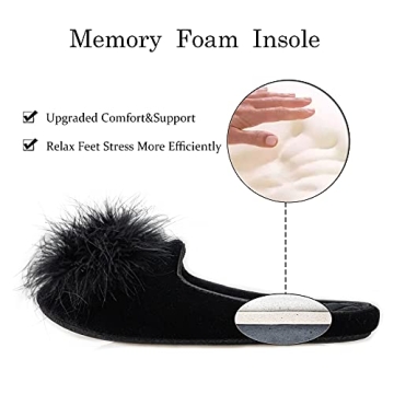 GRITHEIM Women's Fuzzy Pom Pom Feather Velvet House Slippers Sexy Cozy Bedroom Slippers for Ladies Non-slip Sole Indoor Outdoor Black 7-8