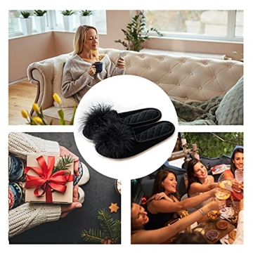 GRITHEIM Women's Fuzzy Pom Pom Feather Velvet House Slippers Sexy Cozy Bedroom Slippers for Ladies Non-slip Sole Indoor Outdoor Black 7-8