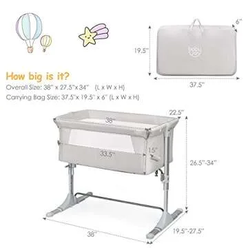 BABY JOY Baby Bedside Crib, Portable Travel Sleeper Bed Side Bassinet w/Carrying Bag, Newborn Bassinet to Infant, Kids Crib with Detachable Mattress, Height Adjustable Design, Breathable Mesh, Beige
