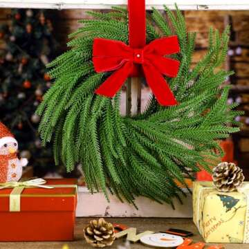 Hotop 4 Set Christmas Norfolk Pine Wreath Decoration Christmas Kitchen Cabinet Wreaths with Red Ribbon Mini Wreaths Farmhouse Decoration Hanging Rings Garland for Pillar Christmas Window Chair Wall
