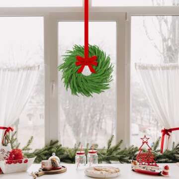 Hotop 4 Set Christmas Norfolk Pine Wreath Decoration Christmas Kitchen Cabinet Wreaths with Red Ribbon Mini Wreaths Farmhouse Decoration Hanging Rings Garland for Pillar Christmas Window Chair Wall