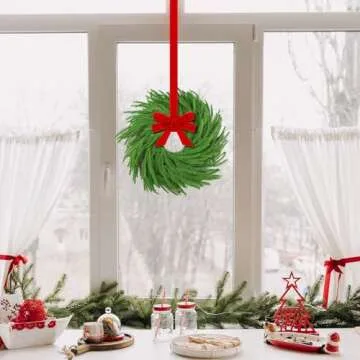 Hotop 4 Set Christmas Norfolk Pine Wreath Decoration Christmas Kitchen Cabinet Wreaths with Red Ribbon Mini Wreaths Farmhouse Decoration Hanging Rings Garland for Pillar Christmas Window Chair Wall