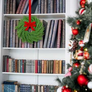 Hotop 4 Set Christmas Norfolk Pine Wreath Decoration Christmas Kitchen Cabinet Wreaths with Red Ribbon Mini Wreaths Farmhouse Decoration Hanging Rings Garland for Pillar Christmas Window Chair Wall