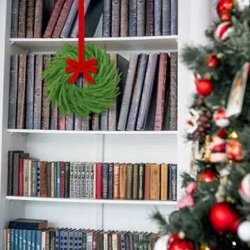 Hotop 4 Set Christmas Norfolk Pine Wreath Decoration Christmas Kitchen Cabinet Wreaths with Red Ribbon Mini Wreaths Farmhouse Decoration Hanging Rings Garland for Pillar Christmas Window Chair Wall