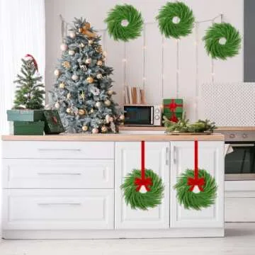 Hotop 4 Set Christmas Norfolk Pine Wreath Decoration Christmas Kitchen Cabinet Wreaths with Red Ribbon Mini Wreaths Farmhouse Decoration Hanging Rings Garland for Pillar Christmas Window Chair Wall