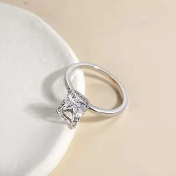 EAMTI 3CT 925 Sterling Silver Engagement Rings Radiant Cut Solitaire Cubic Zirconia CZ Wedding Promi...