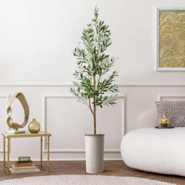 Artificial Tree in Modern Swirl Pattern Planter, Fake Olive Silk Tree for Indoor and Outdoor Home De...